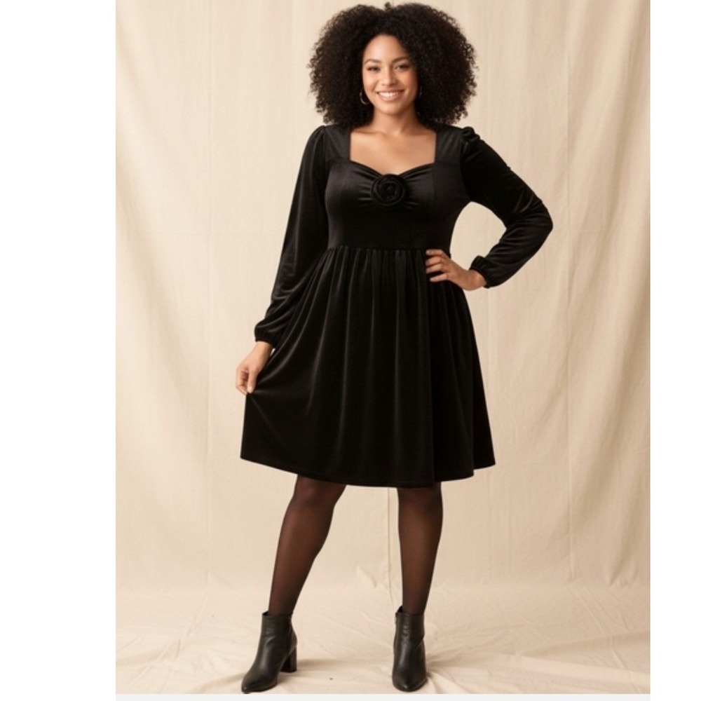 Ava & Viv Womens 1X‎ Black Velvet Rosette Long Sleeve Empire Waist Dress NWT